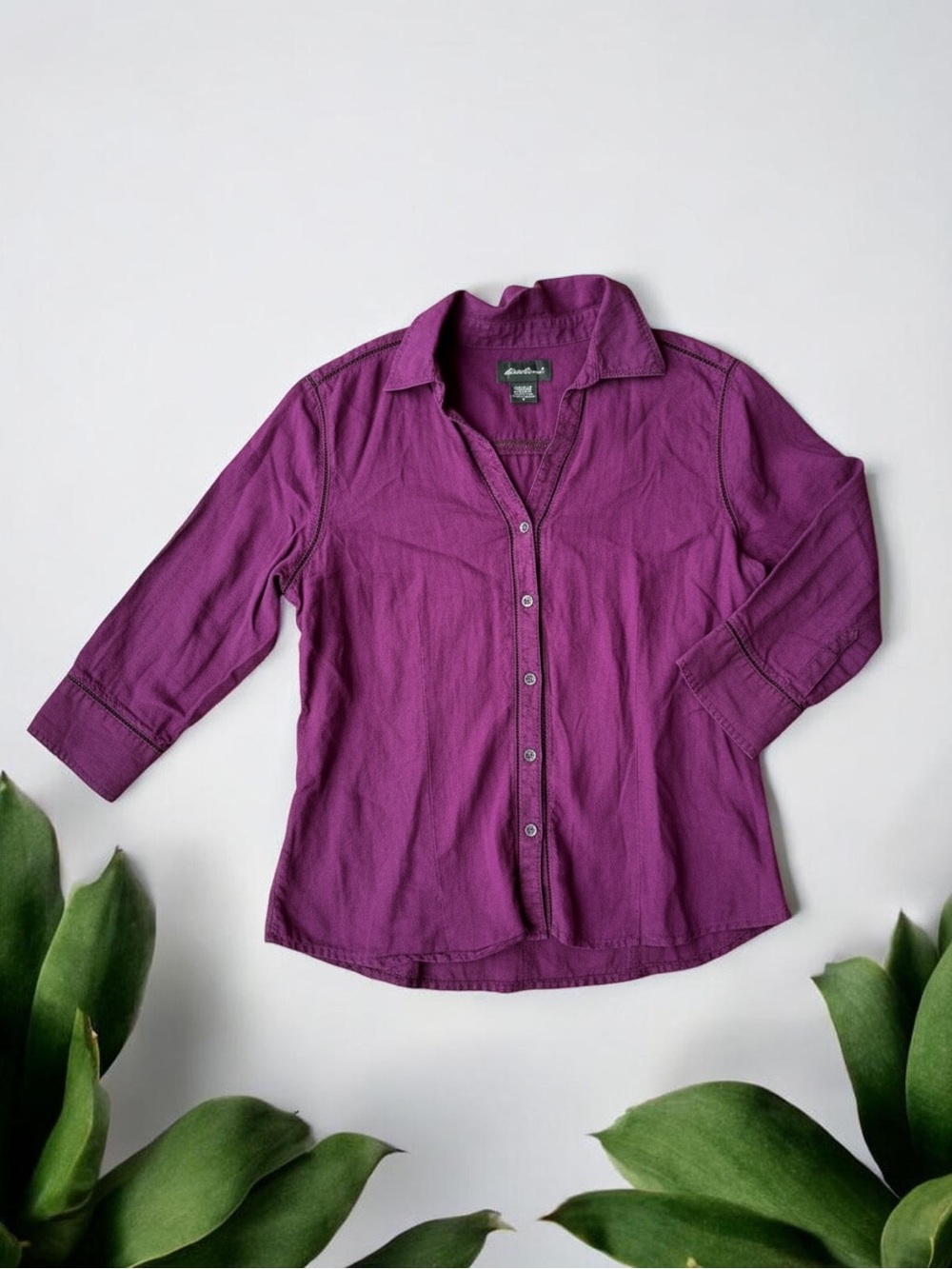 Eddie Bauer 100% Linen Button Up Front Crochet Trim Blouse